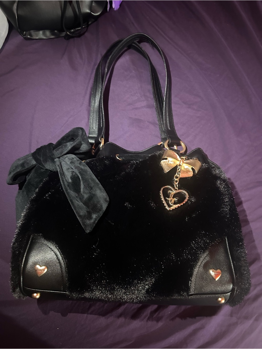 Juicy Couture Soul Sister Black Faux Fur Shoulder Bag with Heart Charm